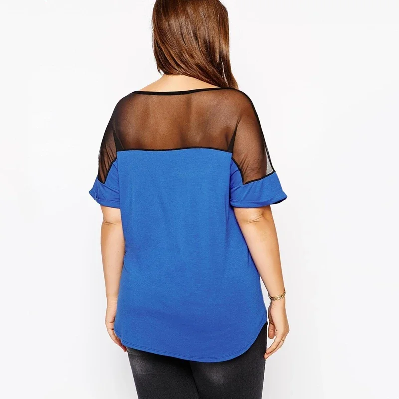 Plus Size Summer Casual T-shirt Women Mesh Patchwork Short Sleeve Loose Blue And Black Top Tee Plus Size Women Clothing 7XL 8XL