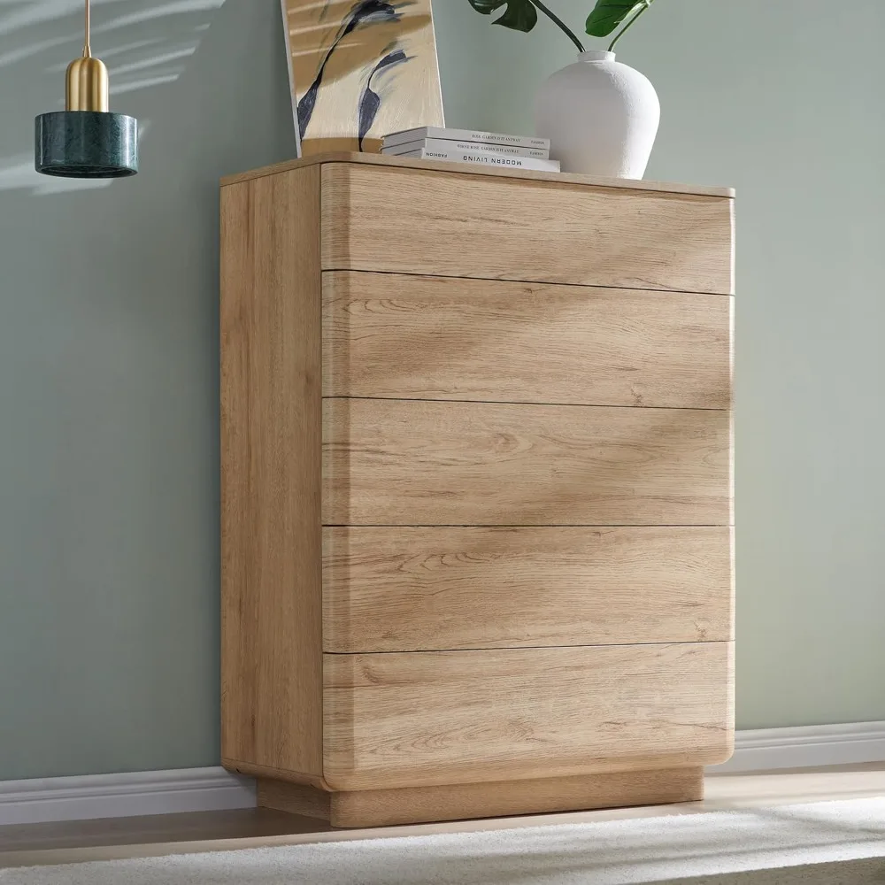 خزانة خشبية معاصرة بخمسة أدراج لغرف النوم، 42 صندوق تخزين طويلًا مع أدراج واسعة، تصميم أنيق بدون مقبض لليفي #6
