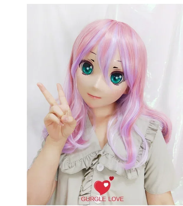 (GL Lanmei) Female Sweet Girl Resin Half Head Kigurumi Crossdress Cosplay Japanese Anime Role Lolita Doll Mask with Eyes and Wig