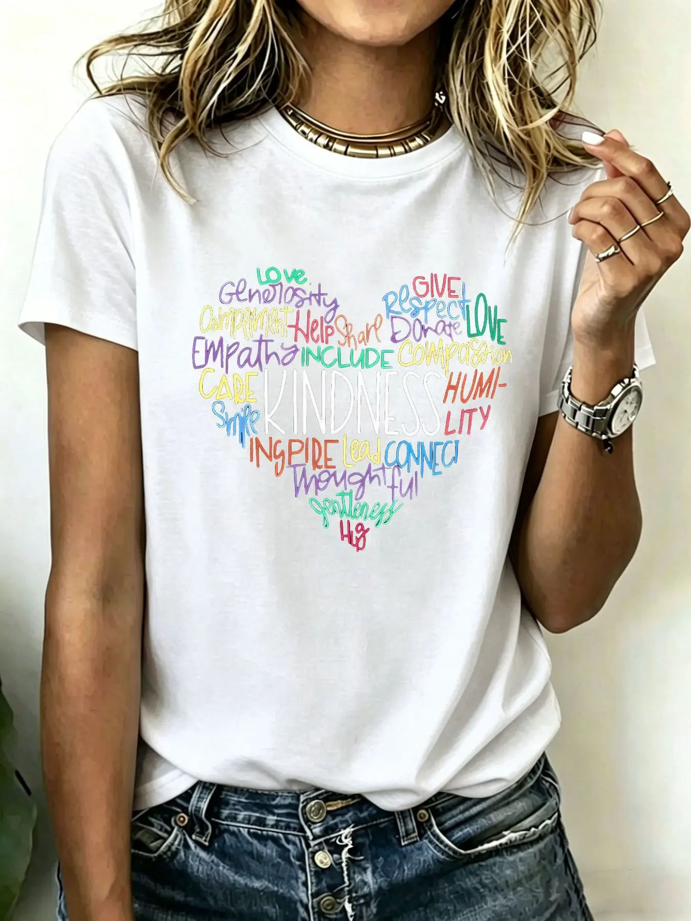 T-shirts pour femmes grande taille, t-shirts décontractés en coton à col rond avec imprimé graphique en forme de cœur, amour, gentillesse, sympathie, inspiration, compassion