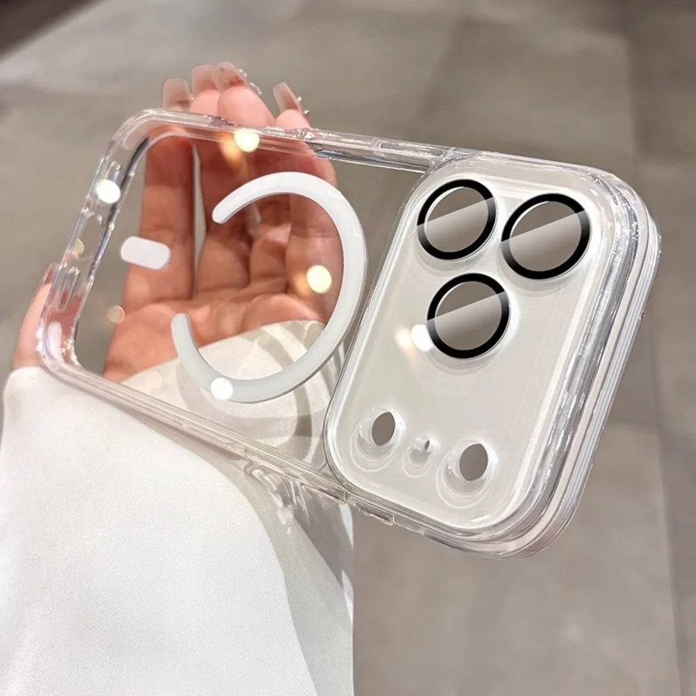 

Полностью прозрачный противоударный чехол для iPhone 17 Pro Max с белым кольцом Magsafe и черными линзами, защитная крышка для камеры 16, 15, 14