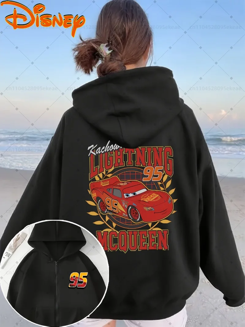 سترة نسائية بغطاء للرأس بشعار Disney Car Lightning McQueen Racing 95 Track مع قلنسوة بسحاب وأكمام طويلة كاجوال للشتاء