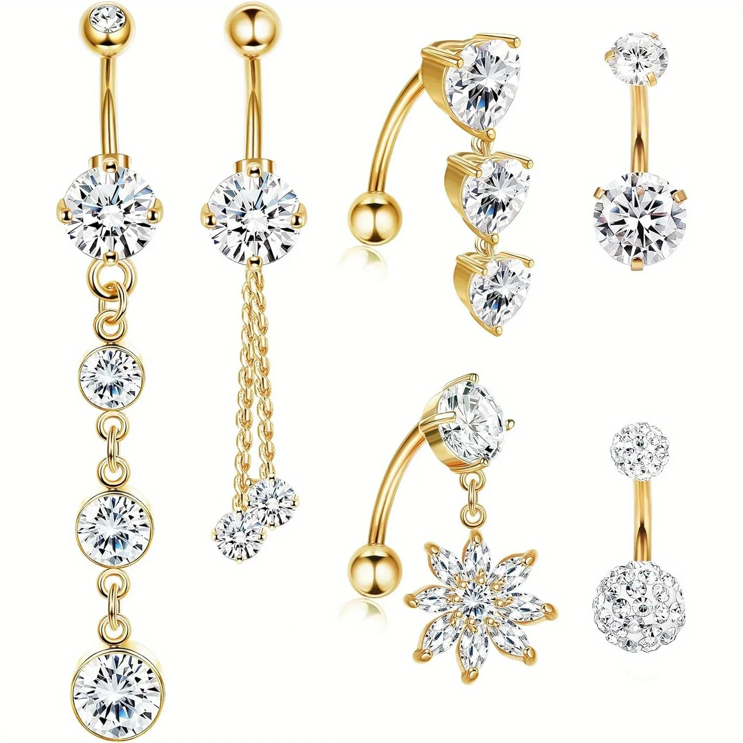 Drperfect 14g Belly Button Ring Cute Cubic Zirconia Navel Ring Piercing Surgical Steel Dangle Short Reverse Belly Button Jewelry