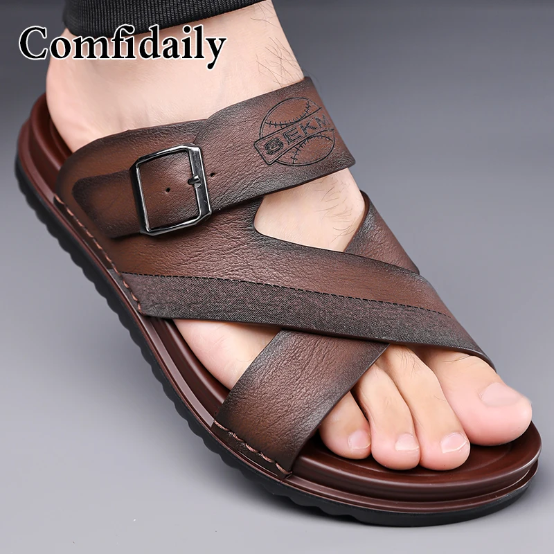 

Casual Men Leather Sandals, Anti-slip Leather Slippers, Breathable Classic Style for Beach Travel and Daily Leisure