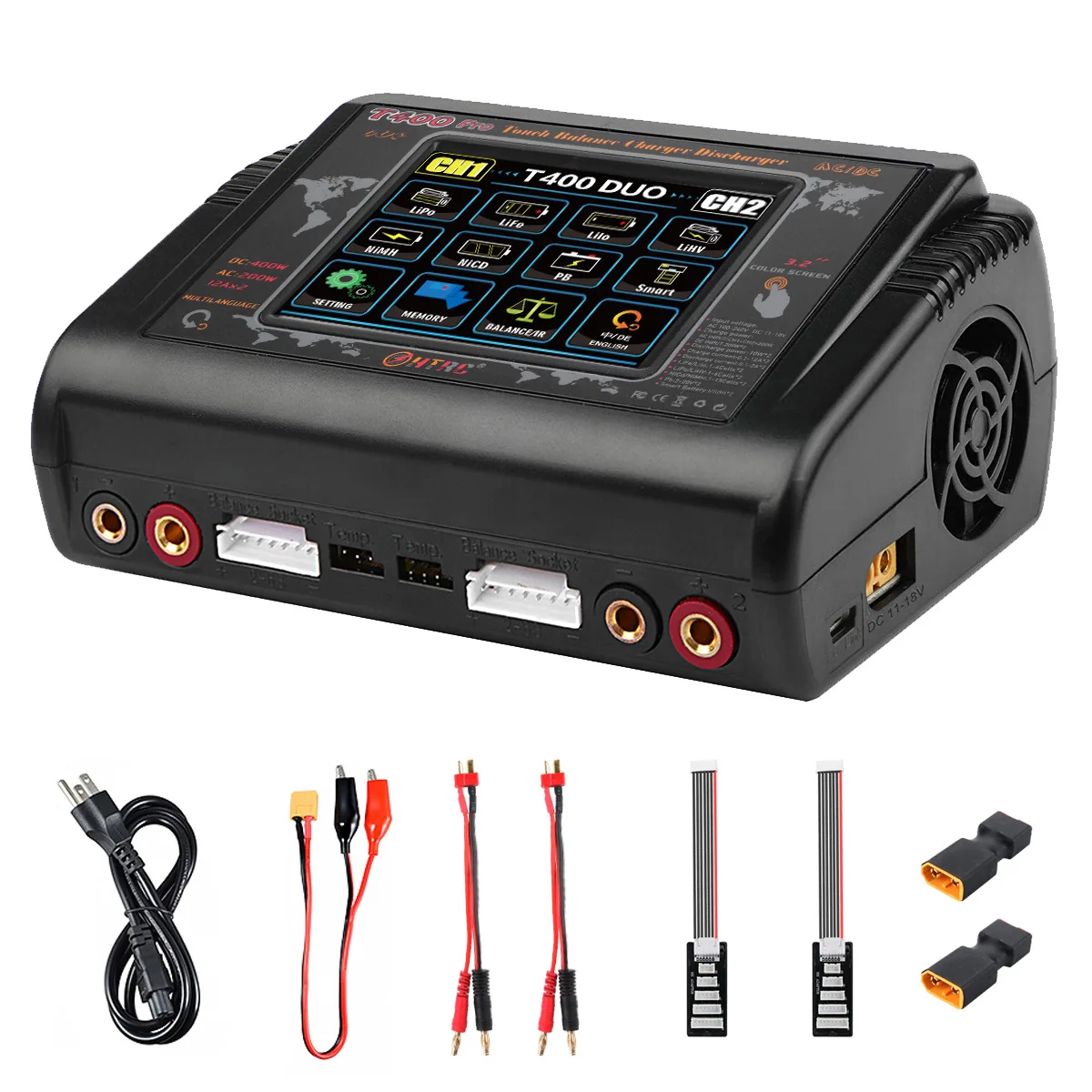 

HTRC Dual Channel Lipo Battery Charger, Discharger for LiPo, LiHV, LiFe, Lilon, NiCd, NiMh, Pb, T400 Pro, AC 200W, DC, 400W, 12A