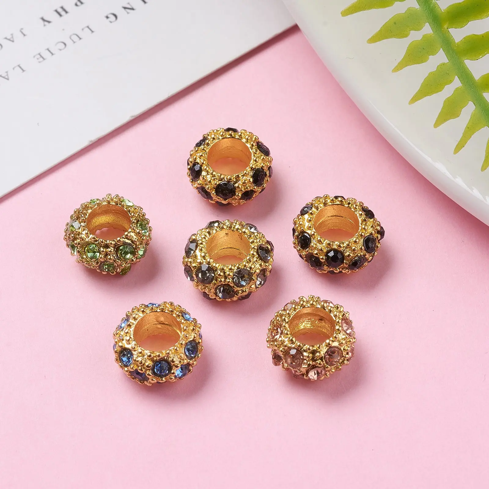 100pcs Alloy Rhinestone European Beads Random Mixed Color Rondelle Large Hole Beads Golden Platinum Metal Color, 11x6mm