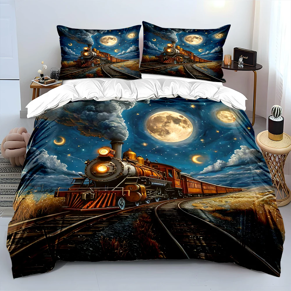 3pcs Train Under Full Moon Sky Print Bedding Set 1 Duvet Cover 2 Pillowcases for Adult and Children Luxury Gift Full Size