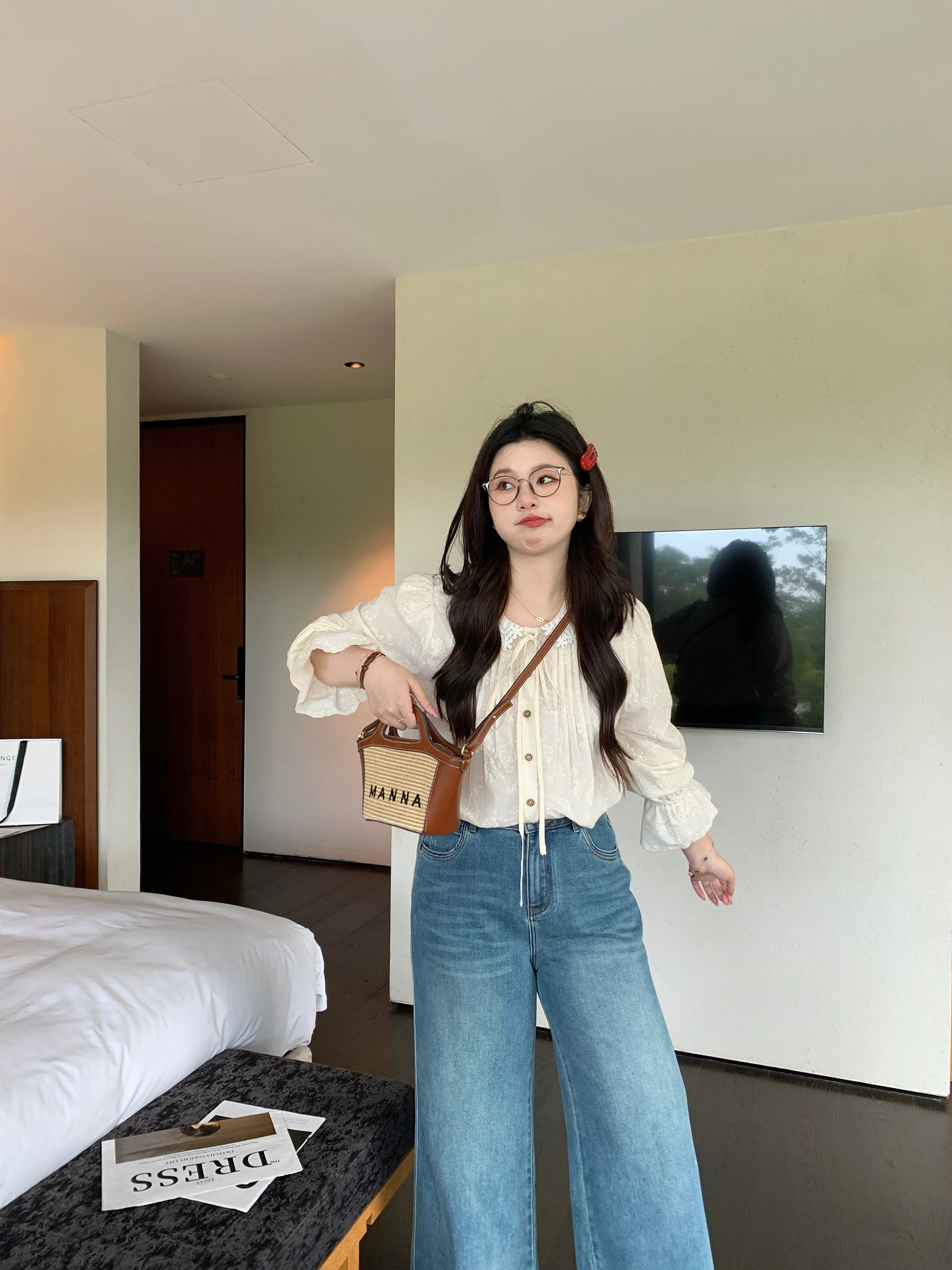 

M5T6 плюс размер irt вышитый воротник с рюшами Жасмин Мелодия Осенний винтажный дышащий хлопок с цветочным принтом Длинный све для женщин...