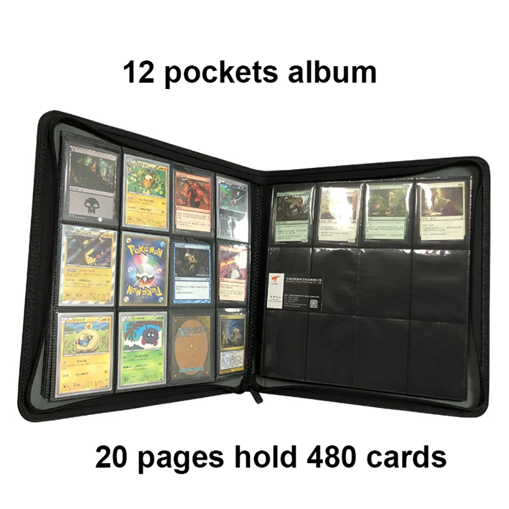 PU Leather 20 Pages 12 Pockets Sealed Fixed Pages Trading Cards Ablum Zipper Cards Album for Game Cards 480 Cards Binder