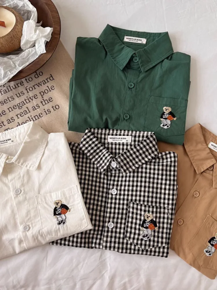 เด็ก Preppy ลายสก๊อต irt ยาว Sve เย็บปักถักร้อยฤดูใบไม้ผลิฤดูใบไม้ร่วงใหม่ Sle ex หมีเย็บ Fly ชุดจับคู่