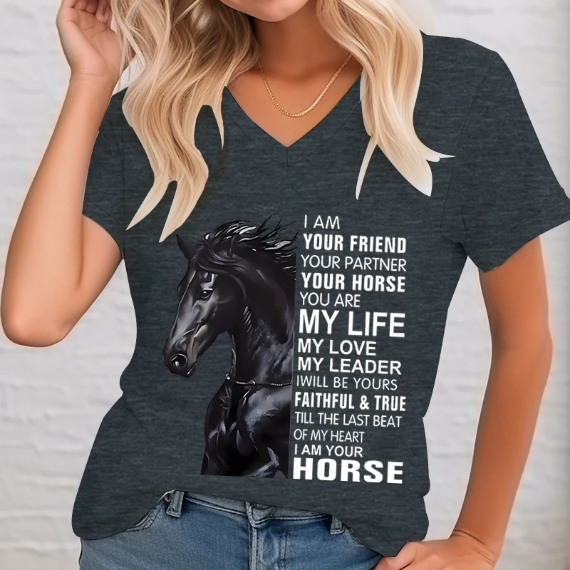 I Am Your Friend magliette grafiche donna My Life scollo a v abbigliamento femminile I Am Your Horse Black Horse Shirt magliette a maniche corte