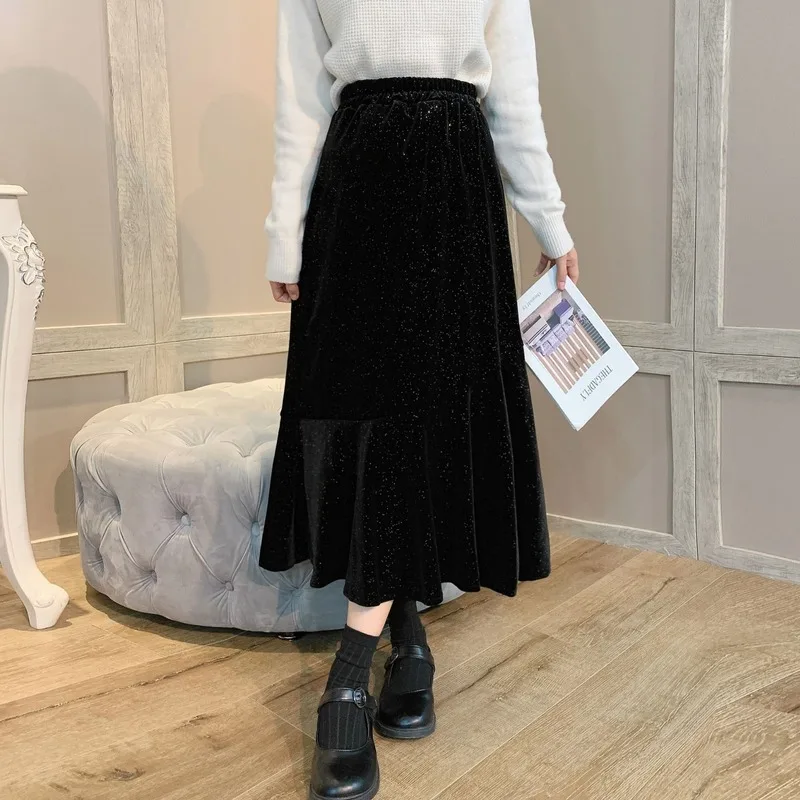 

2023 New Starry Sky Sequined Gold Velvet High Waist Slimming Simple Black Fishtail Skirt Casual Solid Color Female Long Skirt