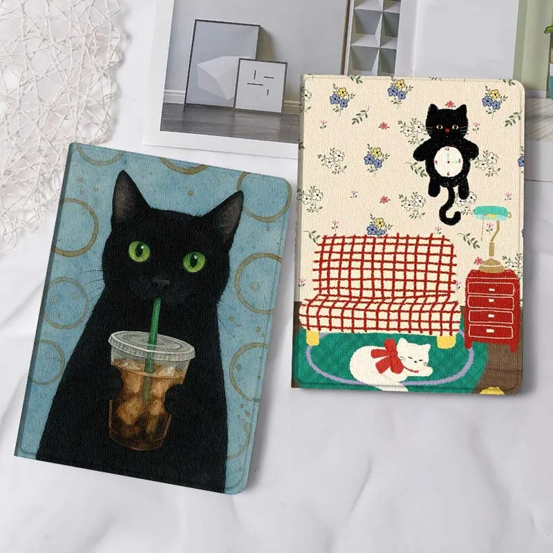

Cartoon Black Cat Drink Tablet Case For Apple iPad Air Pro mini 1 2 3 4 5 6 7 8 9 11 M2 M3 M5 M4 5th 6th 7th 10th 11th Gift