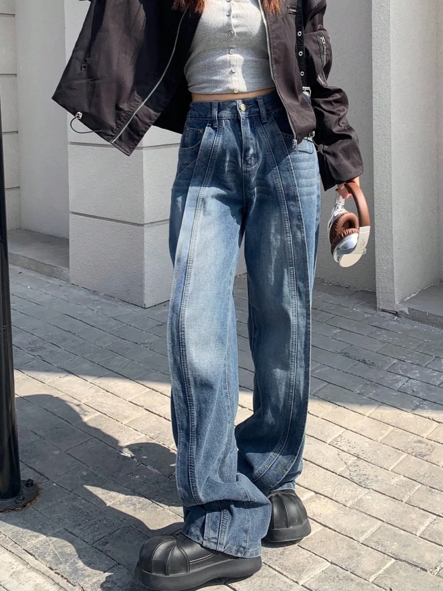 

Retro American Design Wide Leg Pants High Waist Loose Floor-Length Straight Denim Jeans Women Summer Chic Splicing Blue