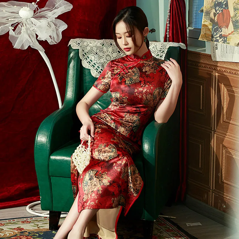 

Elegant Summer Double-layer Long Red Cheongsam Catwalk Retro Fashion Photograph Qipao Chinese Style Evening Dress for Women