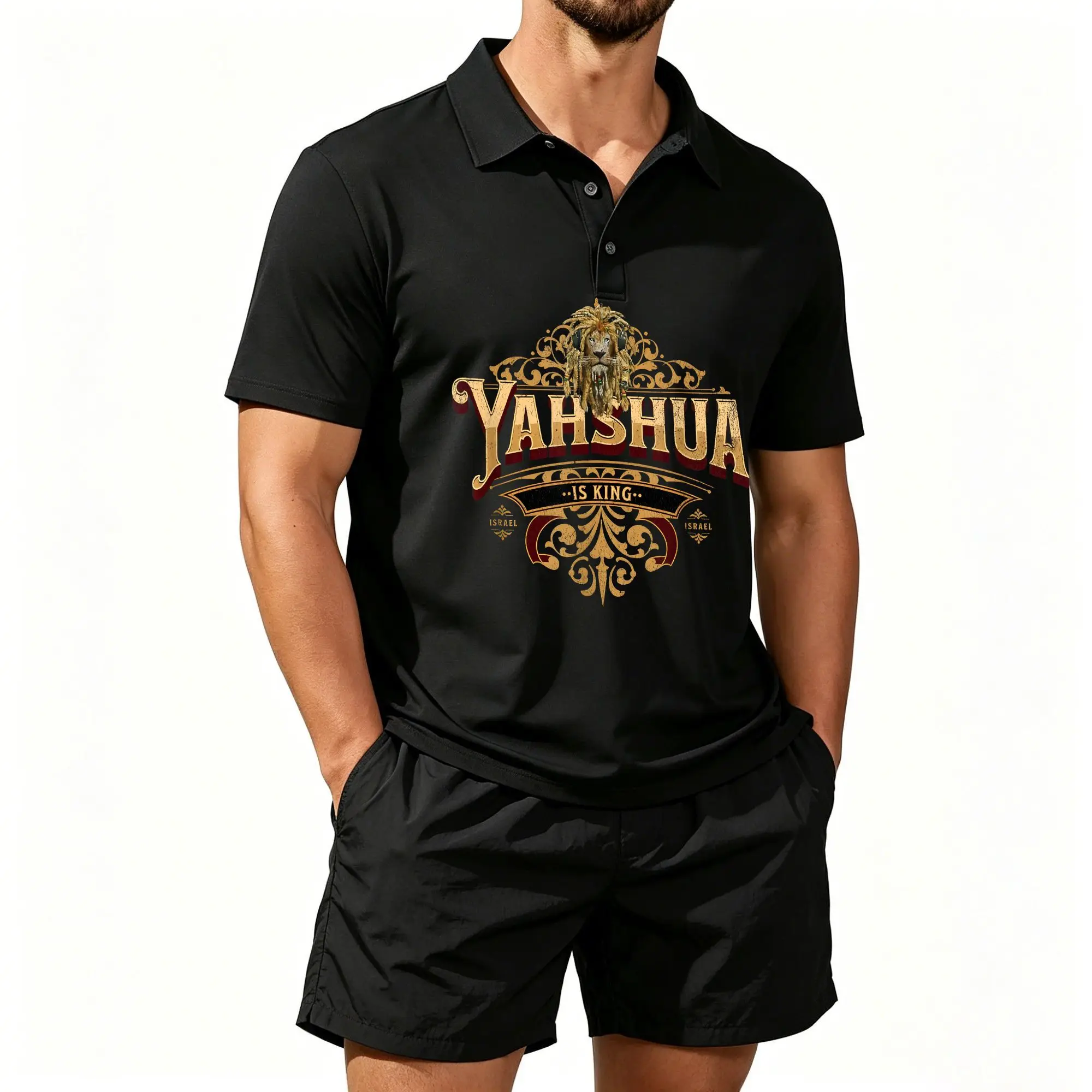 Men's Polo Beach Shorts Two-Piece Set with Hebrew Bible Verse Print, Religious Scripture Faith-Themed Design, Casual and Comfortable, Fitted Cut
