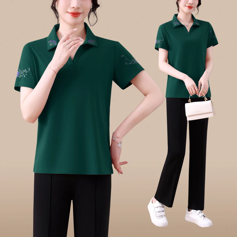 

Летний комплект одежды для мам больших размеров, новая модель, футболка с коротким рукавом для женщин среднего возраста, спортивная одежда 2025 года, топ, женская спортивная одежда.