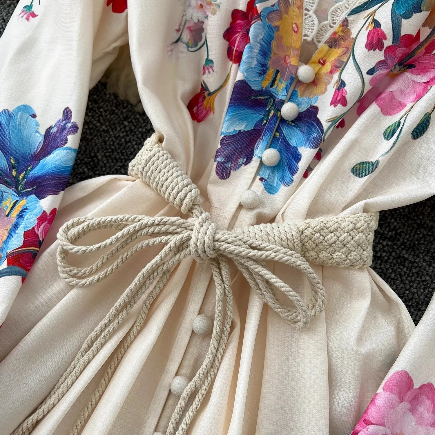 Primavera verão férias lindo vestido de linho flor feminina manga alargamento com decote em v rendas guarnições cintura alta floral impressão vestidos longos