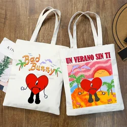 Bad Bunny Canvas Bag Casual Large Hand Bags Shopping UN VERANO SIN TI Music Album Handbag Print Large Capacity Bag