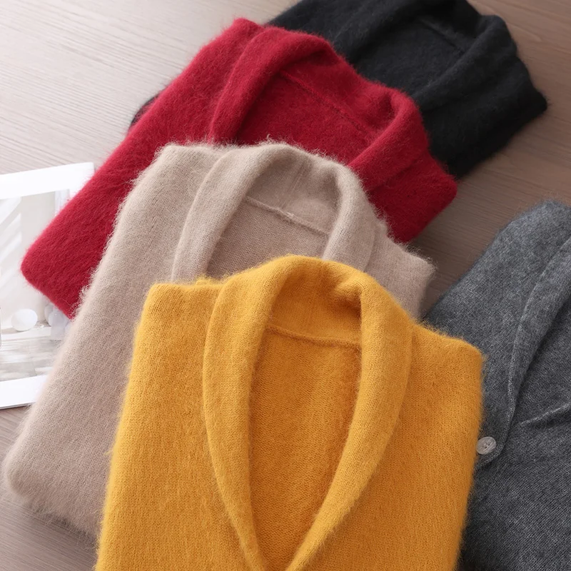 Mink Cashmere Cardigans Men's Knitted Sweater Tthicken Long Sleeves Jacket Autumn Winter Lapel Casual Warm Fashion Male Clothes
