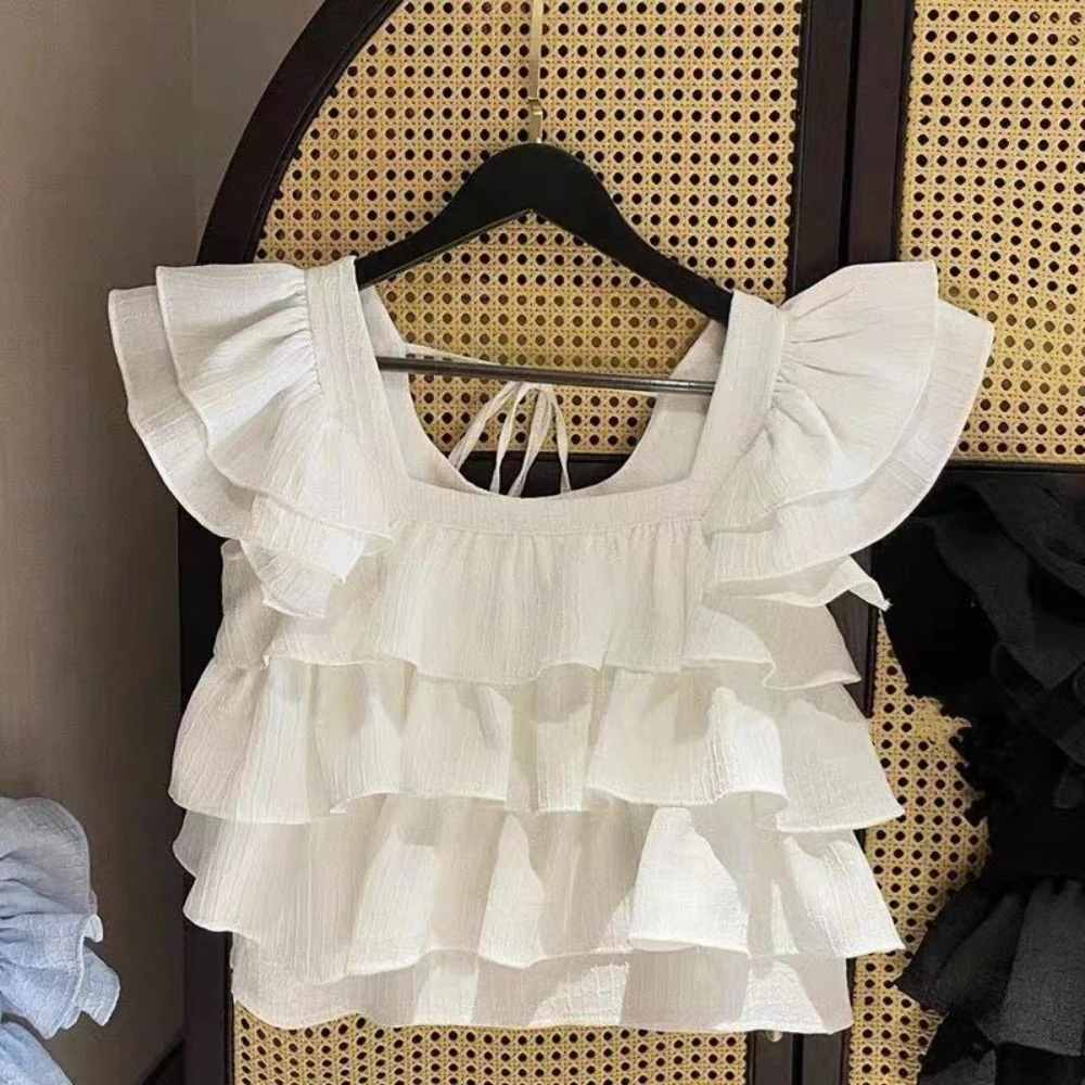 2-7-year-old Summer Korean Version Splicing Square Collar White Blouse Girls Clothes Fashion New Solid Color Children's Top