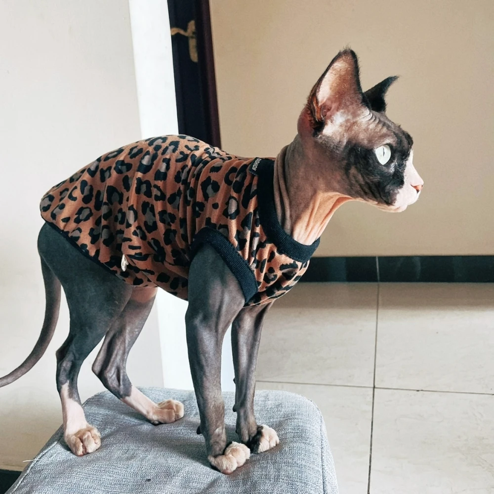 Soft Fleece Leopard Shirt for Sphynx Cat Khaki Sleeveless Coat for Kittens Fashion Spring Sweatshirt For Devon Rex Cat Supplies