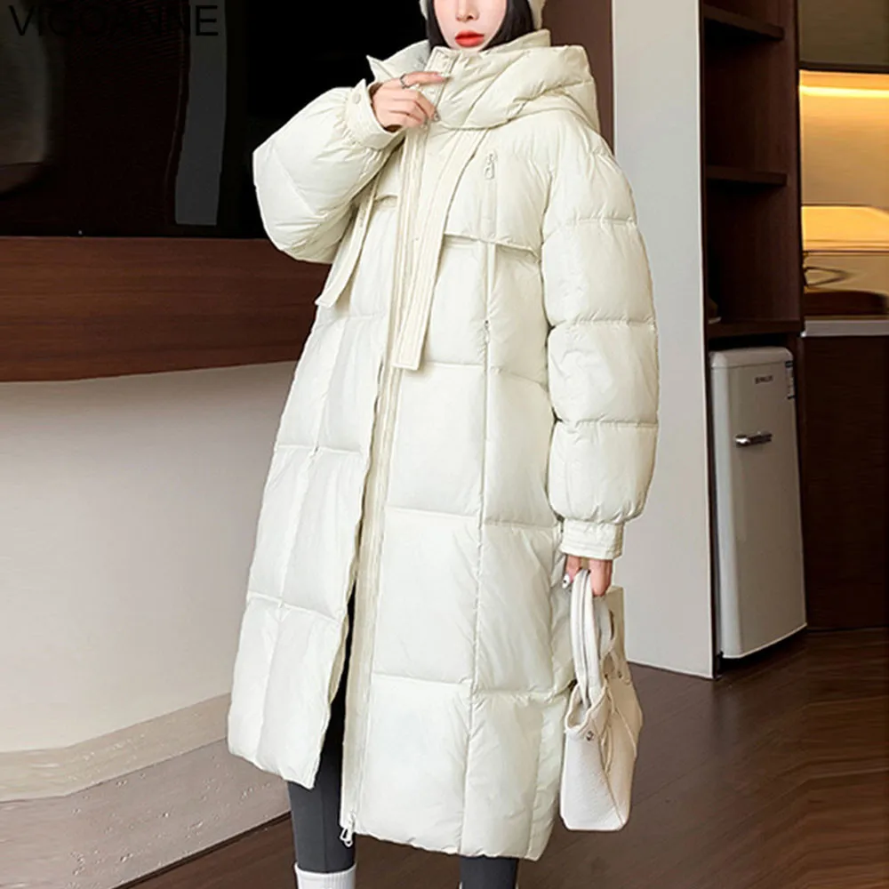 VigoAnne-Manteau long à capuche monochrome pour femme, fermeture éclair, manches longues, poche, veste coréenne, vêtements d'extérieur chauds pour dames, optique, hiver, 2025