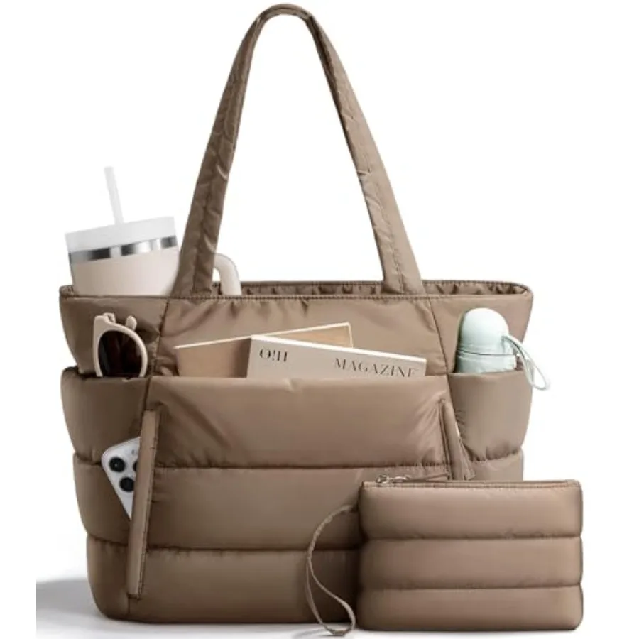 

Puffer Tote Bag for Women Lightweight Puffy Work Handbag Teacher Nurse Quilted Shoulder Bag for School Travel Gym Cloud Bag w/