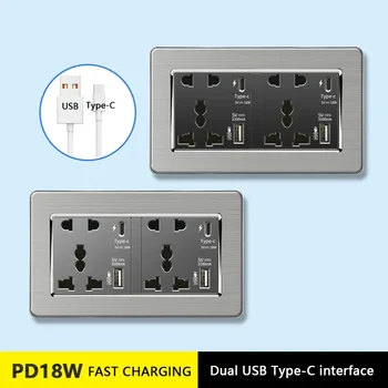 C타입 고속 충전 범용 5 핀 듀얼 전원 소켓, 스테인리스 스틸 전기 콘센트, DC 5V 3.1A USB 충전기 포함, 18W 