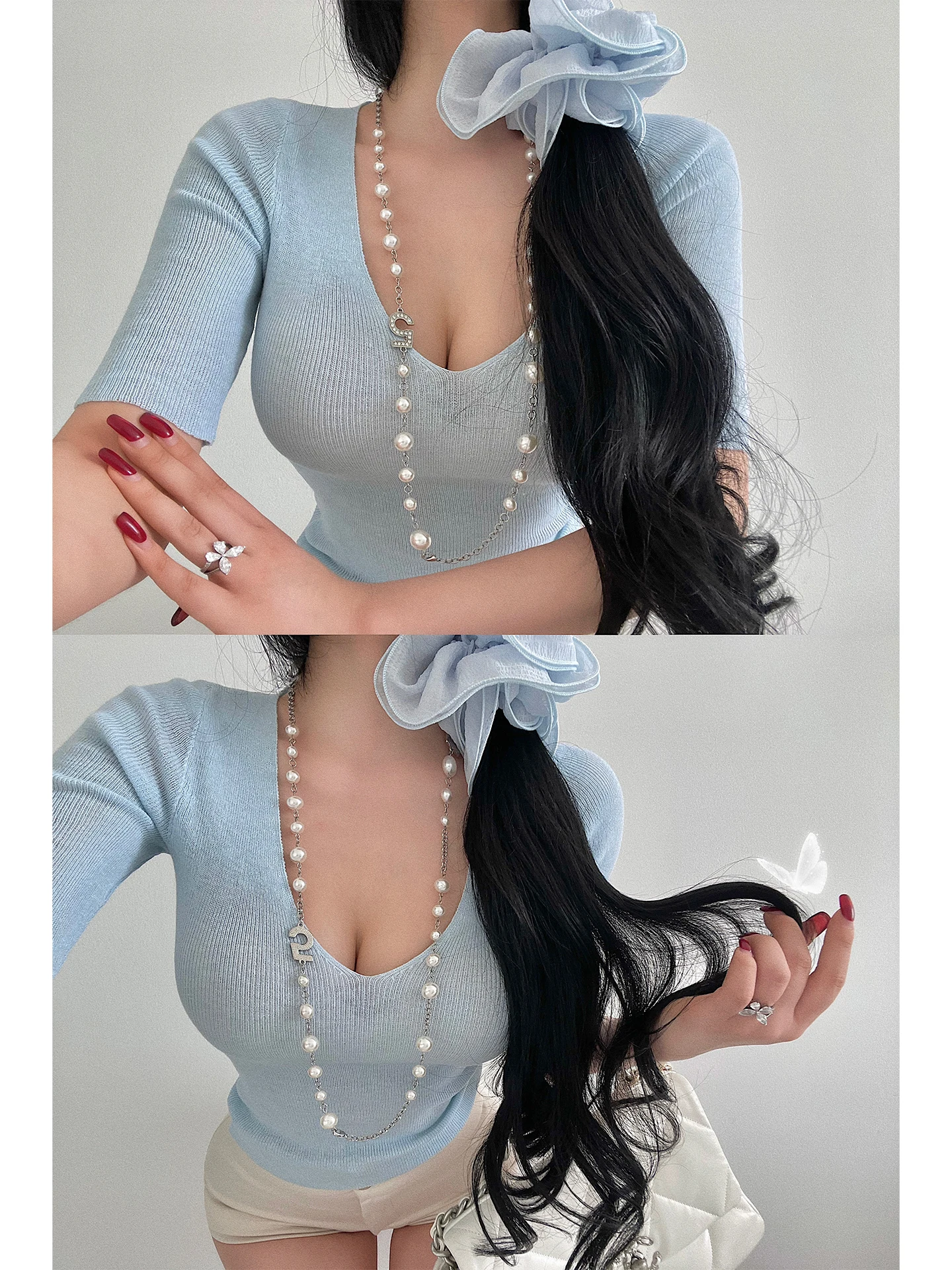 Young Girl Day Slim Fit Knitted T-Shirt V-Neck Short Sleeve Pure Color Gentle Style Daily Wear Thin Fabric Micro Translucent