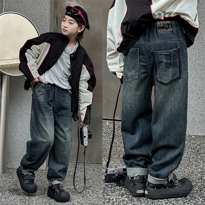 Teenager Boy Vintage Minimalist Style Jeans Kids Child Loose Straight Baggy Jeans Pants for Age 5 6 7 8 9 10 11 12 13 14 Years