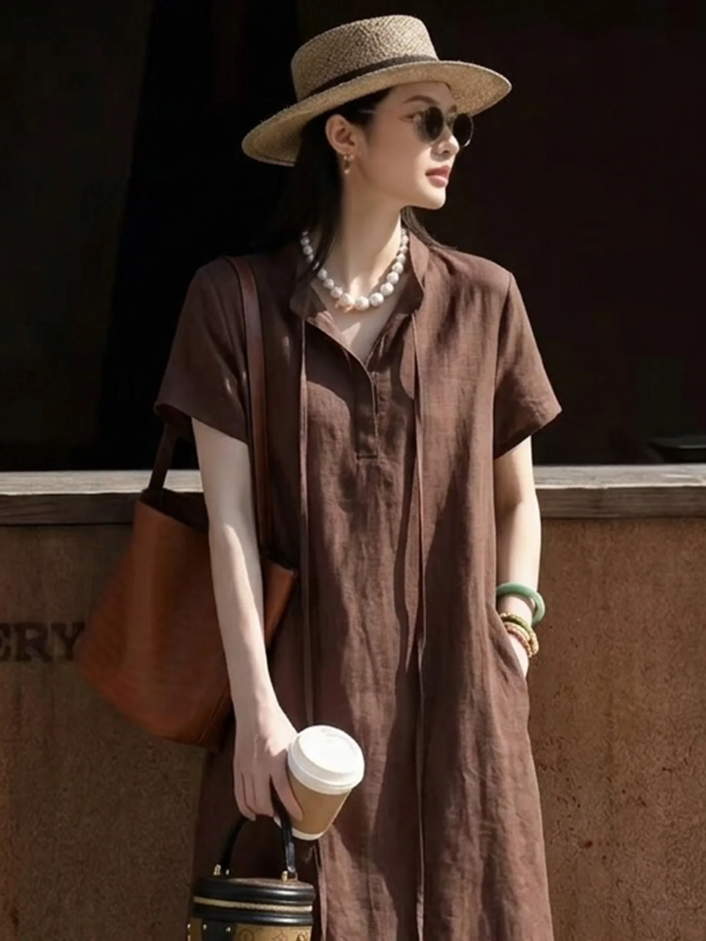 Linen Short Sleeve Dress Women's Summer Thin Lightweight Vintage Fashion Loose Slimming Midi Skirt Casual Style A-Line Skirt