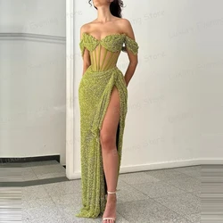 Glisten Evening Dresses Woman's A Line Sexy Hollow High Side Split Off The Shoulder Sequined Prom Gowns Party Vestidos De Fiesta