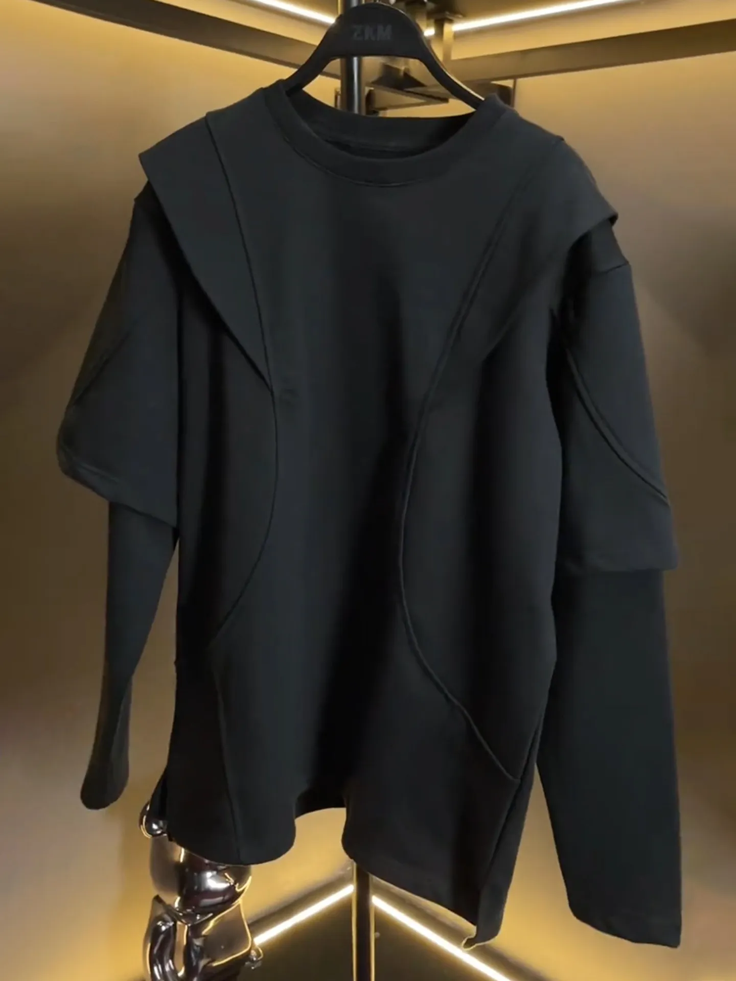 large size trendy brand men's 2026 spring new trend solid color splicing pleated crew neck sweater long sleeve