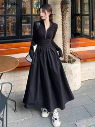 Black Long Dresses Women Simple Zipper Autumn Defined Waist A-line Stylish French Style Elegant High Street Feminine Vestidos