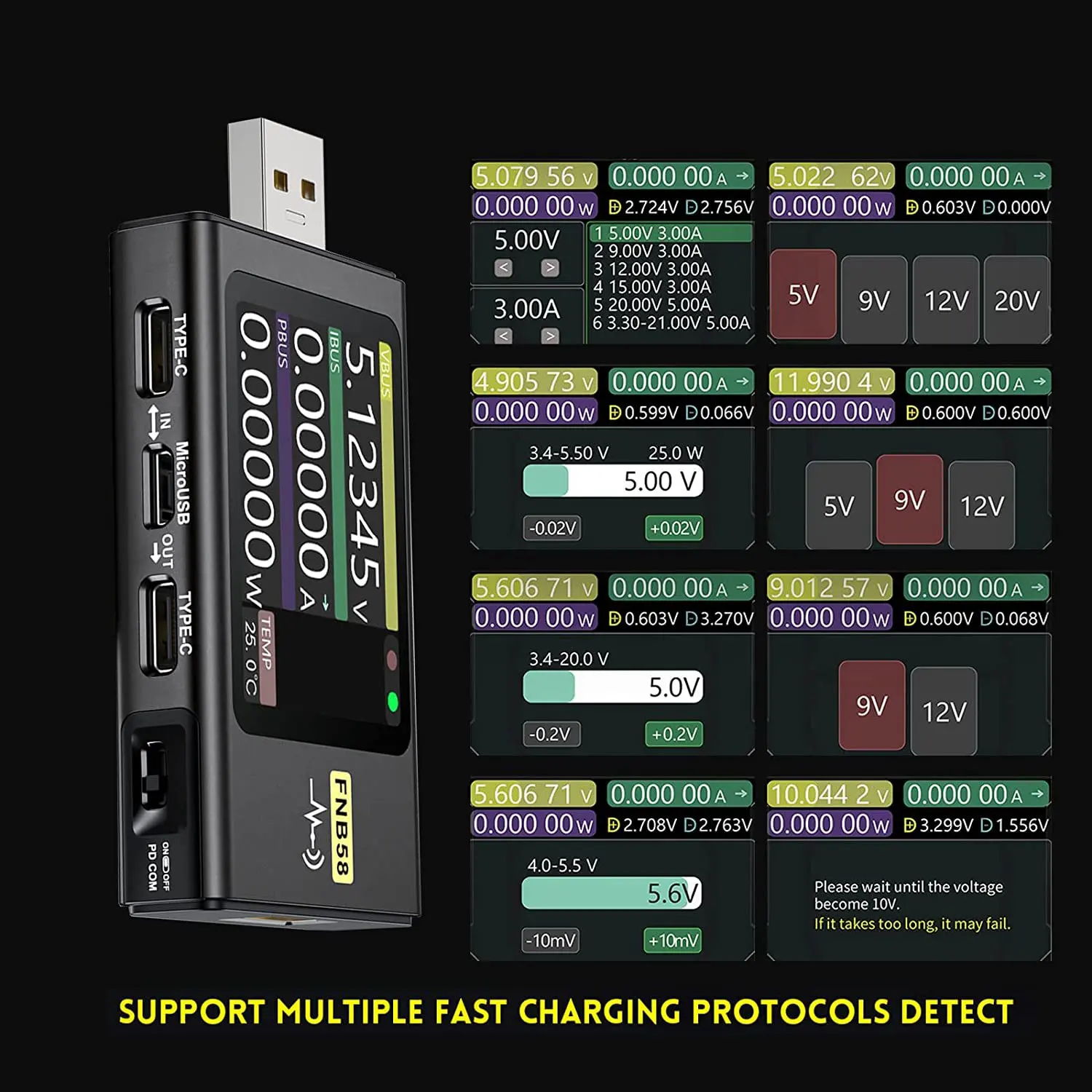 FNB58 USB Tester, Digital Voltmeter Current Tester USB Type-C Fast Charge Protocol Power PD Trigger Detection Max 7A