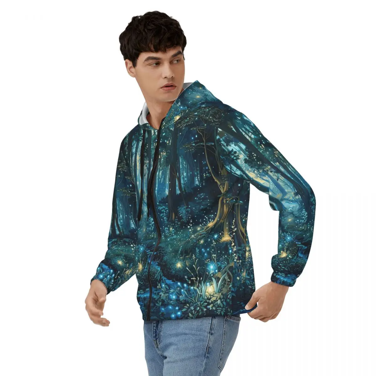Enchanted Forest Design With Glowing Blue Lights Zipper Hoodies Pullover Autumn Winter Men's Women's Sweatshirt Long Sleeve Tops