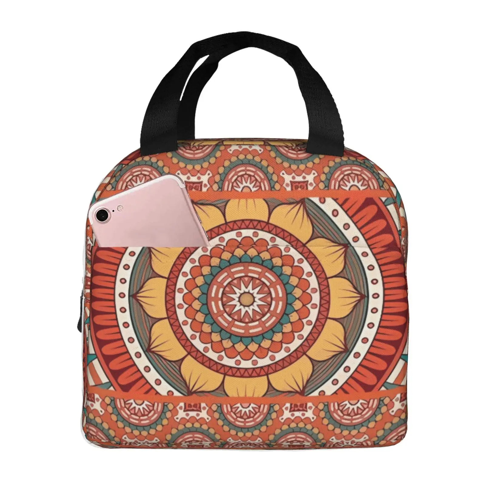 Tribal Vintage Colorful Ethnic Pattern Lunch Tote Bag Insulated Leakproof Lunch Box Container with Front Pocket for Girls Boys