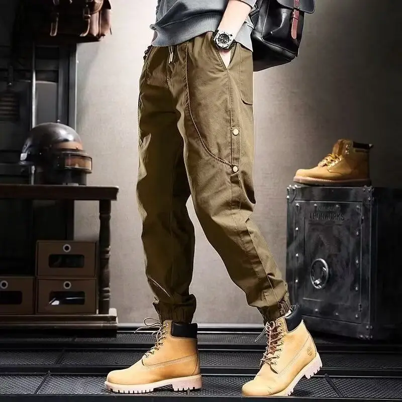 Boyfriend Vintage Bloomers Men's Clothing Solid Color Pockets Button High Waisted Elastic Casual Retro Cargo Trousers Pants