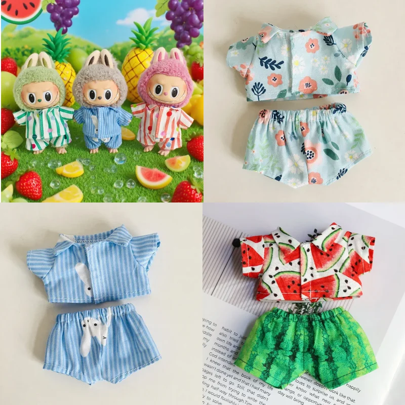 

For 15/17cm Labubu Doll Polka Stripe Shirt Shorts Set Doll Accessory Playful Labubu Clothes
