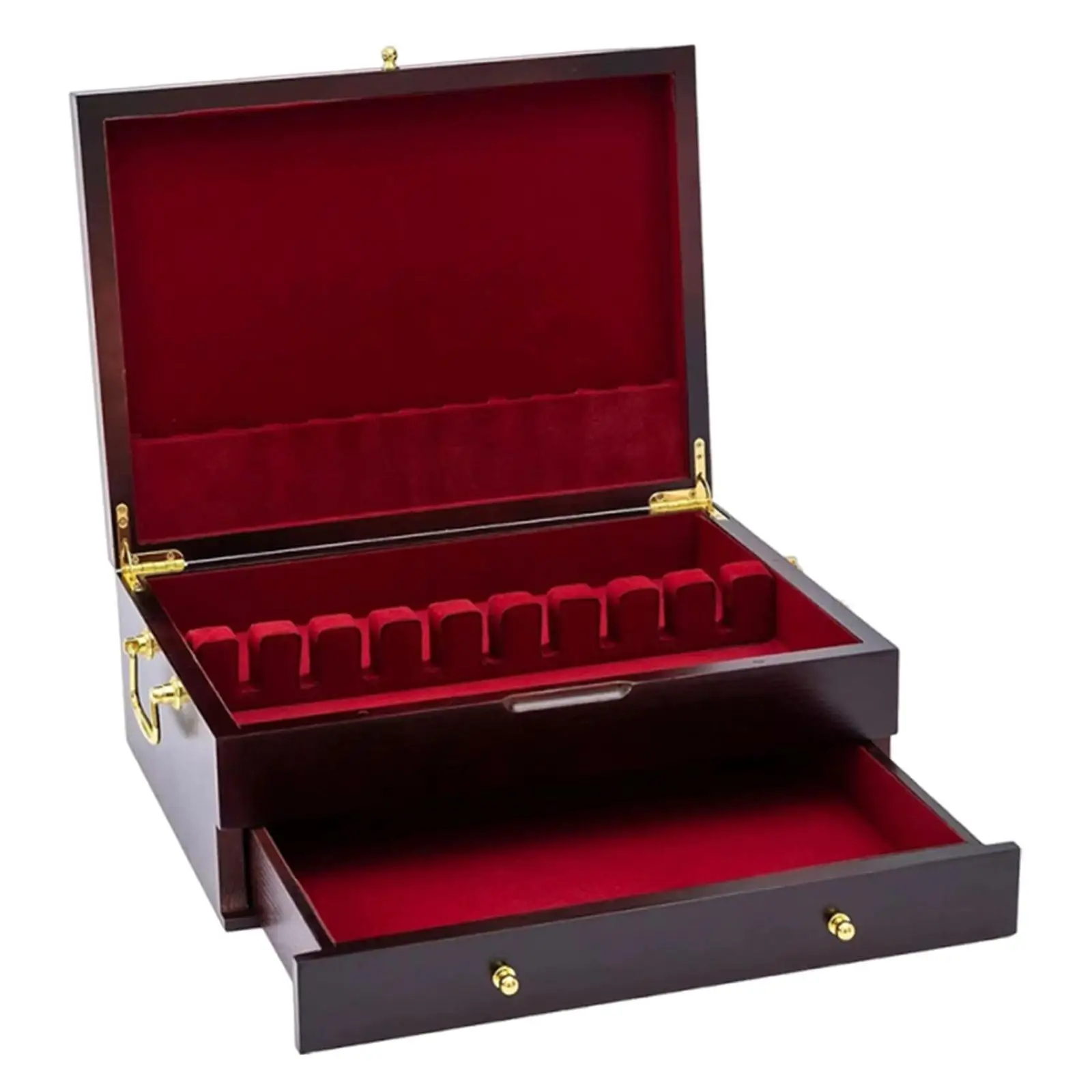 Double Layer Wooden Silverware Chest Large Capacity for RV, Party Table Tableware Organizer Felt Lining with Carrying Handle