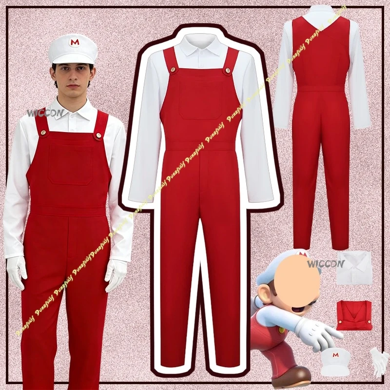 

Game Cosplay Costumes Red Male Super Suspender Trousers Work Suit School Uniform Hat Gloves Accessories Stage Halloween Spring