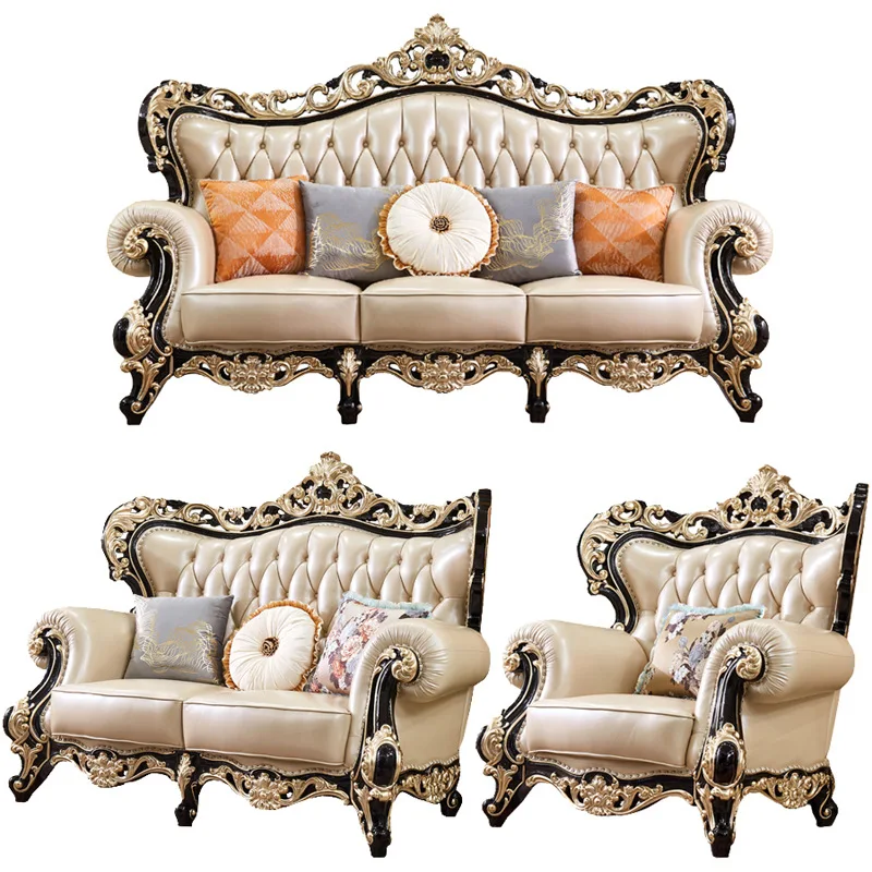 

Solid wood carving flower leather sofa 124 combination villa living room first layer cowhide