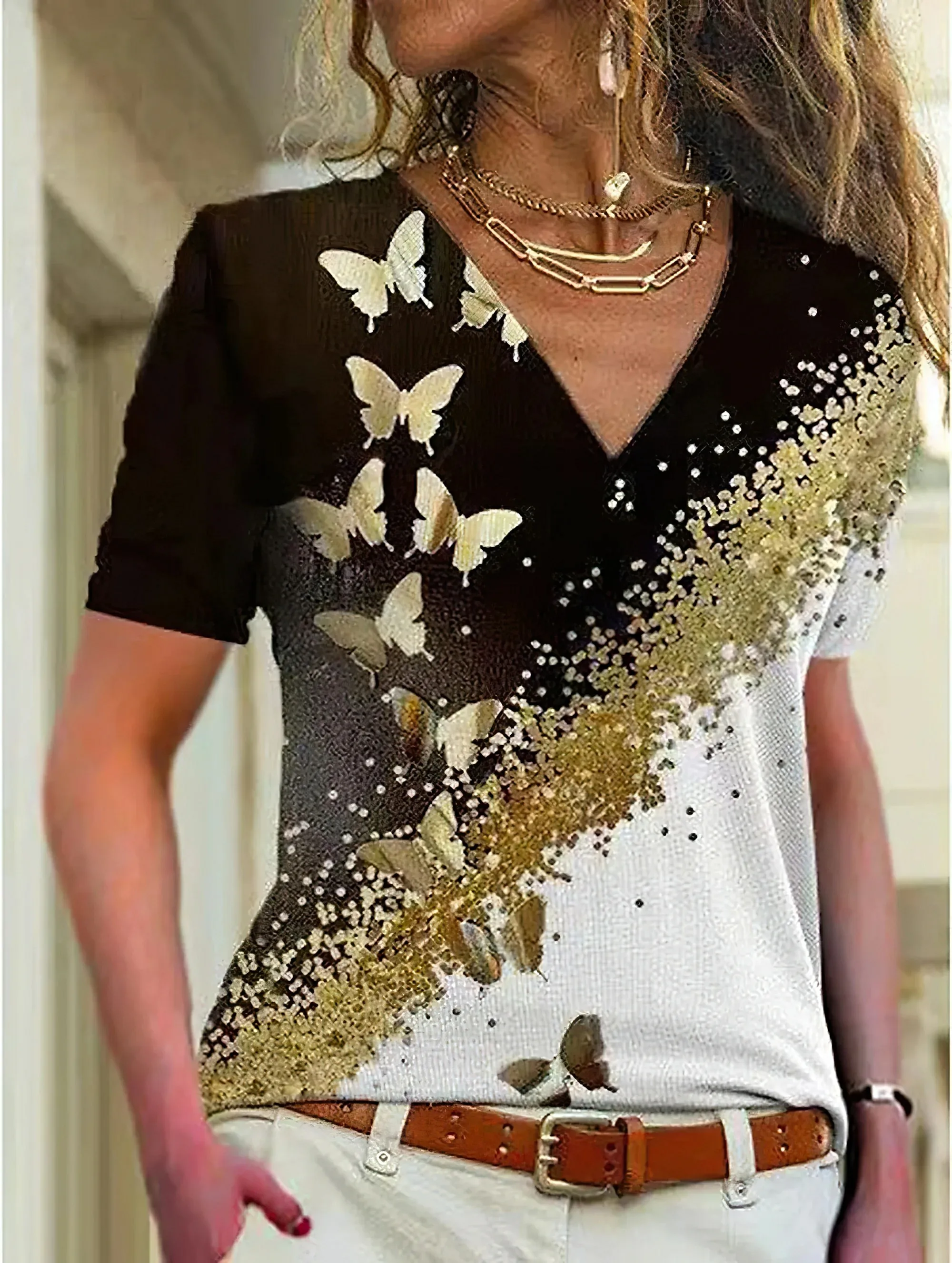 

Luxury Elegant Women T-Shirts 3d Golden Butterfly Print Tops For Woman Fashion Casual Harajuku Female Clothing Summer New Tshirt