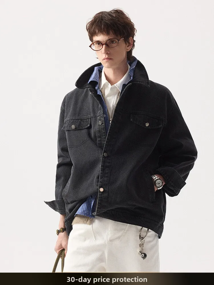 

American Retro Plaid Splicing Fake Two-Piece Men's Denim Jacket Spring High Street Stylish Versatile Workwear Outerwear
