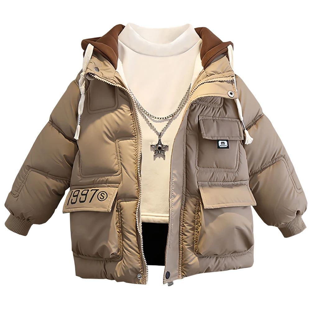 

Children's Cotton Coat Thick Warm Hooded Boys Down Cotton Jacket Windproof Quilted Pockets Puffer Coat for Winter