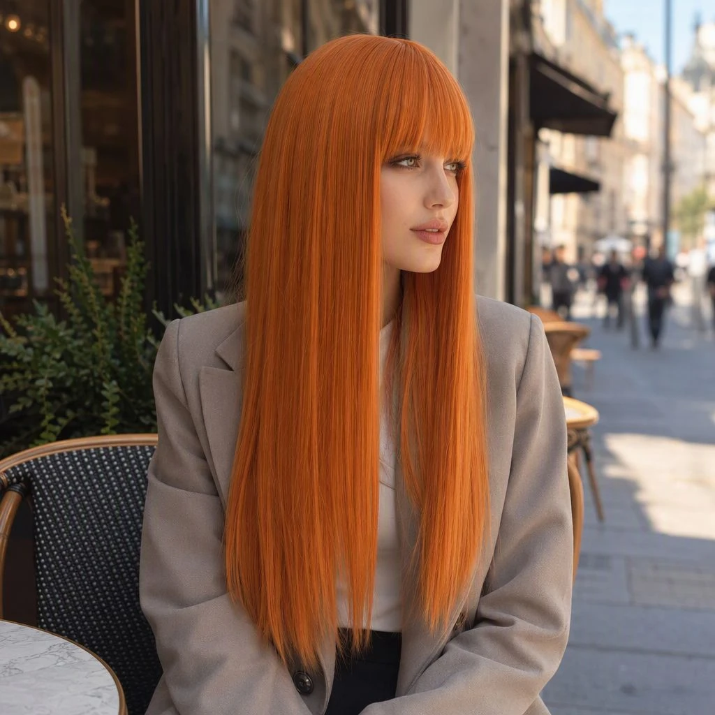 Women Orange Long Straight Wig with Bangs, 73cm 28.7inch Heat Resistant Synthetic Hair Full Thick Wig, Adjustable Cap Natural Looking Anime Cosplay Wig for Halloween Costume Party Daily Wear Photo Shoot