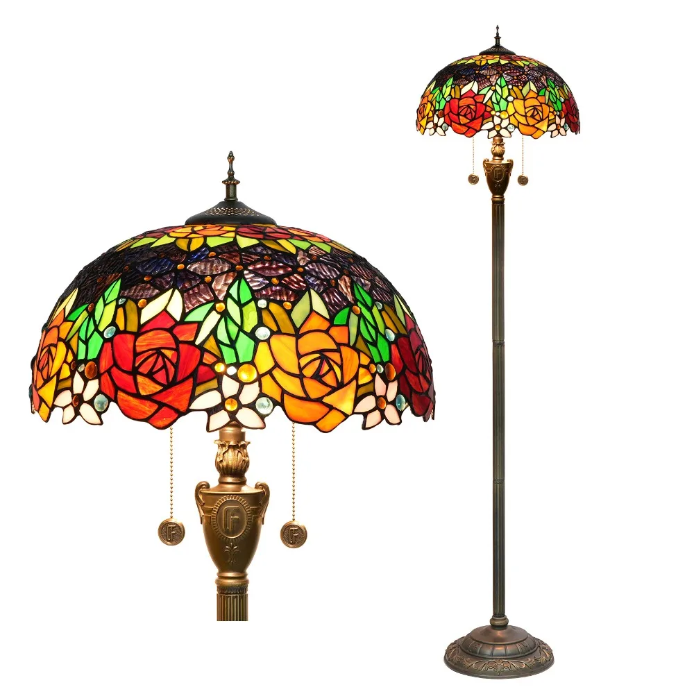 

Dia40cm Black Background Rose Art Stained Glass Lampshade Home Bar Soldering Light Living Dining Room Bedroom Tiffany Floor Lamp