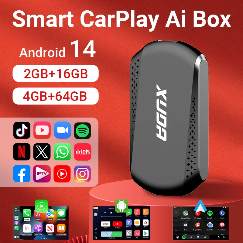 

XUDA Android14 Беспроводной CarPlay/Android Auto 3-в-1 НОВЫЙ CarPlay Ai Box 4 ядра 4 ГБ ОЗУ + 64 ГБ ПЗУ Plug and Play Стабильная передача данных