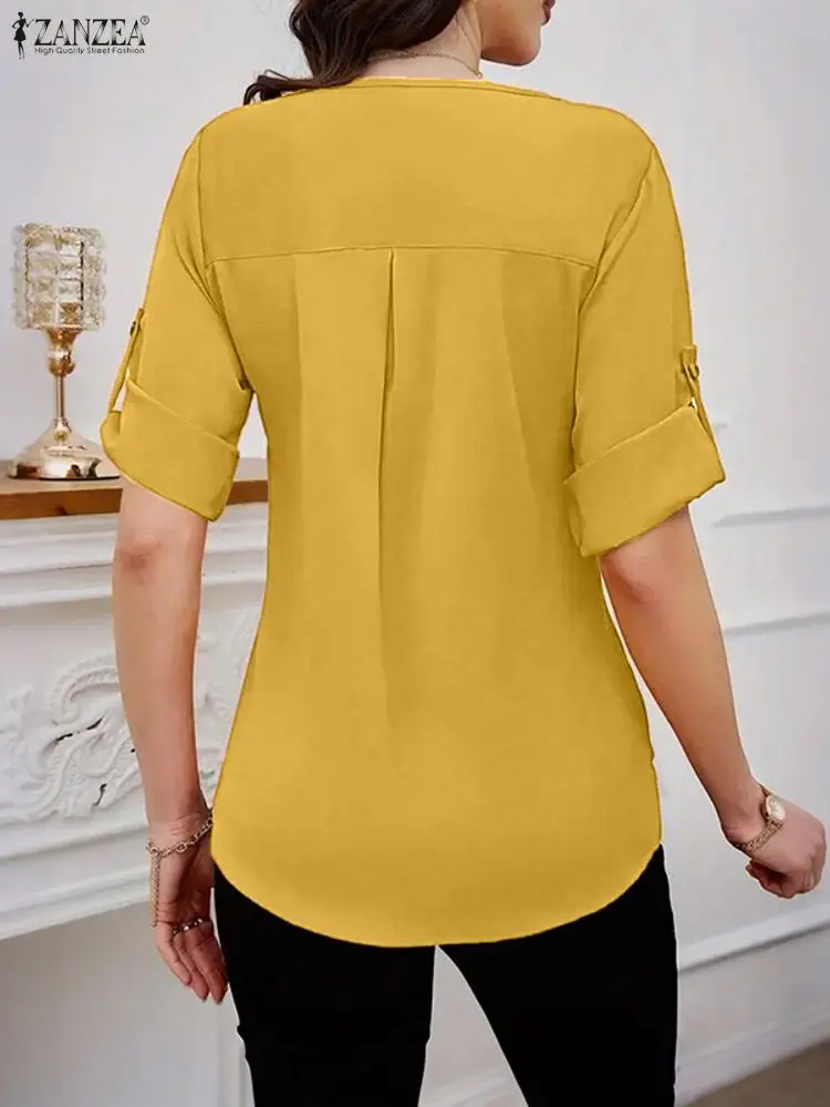ZANZEA, camisas a la moda para mujer, blusa elegante con manga 3/4, Tops tipo túnica informales con estilo 2021, Blusas coreanas plisadas para oficina para mujer